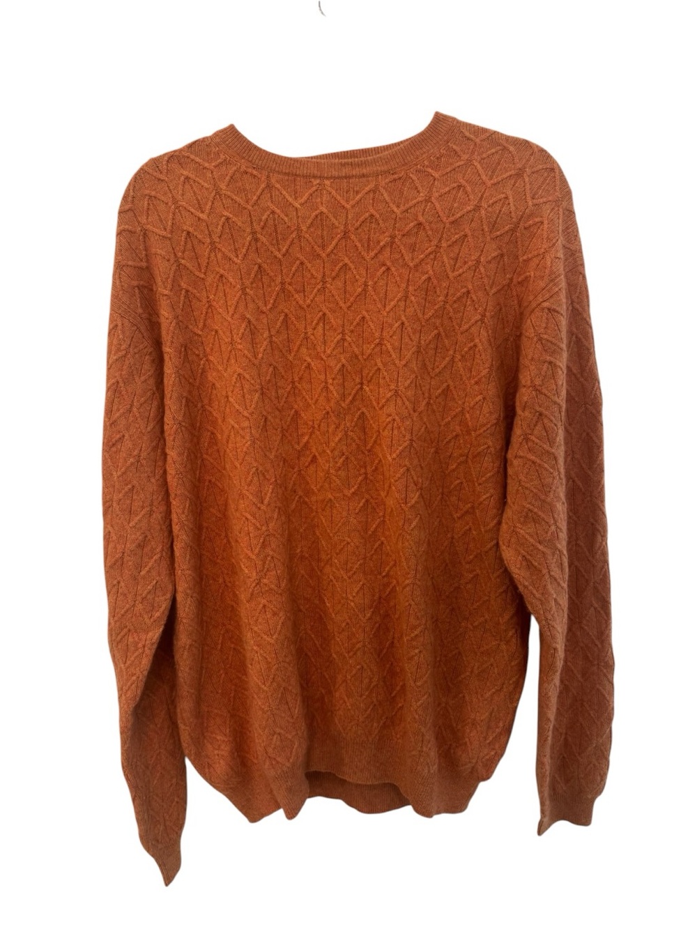 Kinross Cashmere Luxe Cable Crewneck Sweater in a burnt pumpkin orange shade L